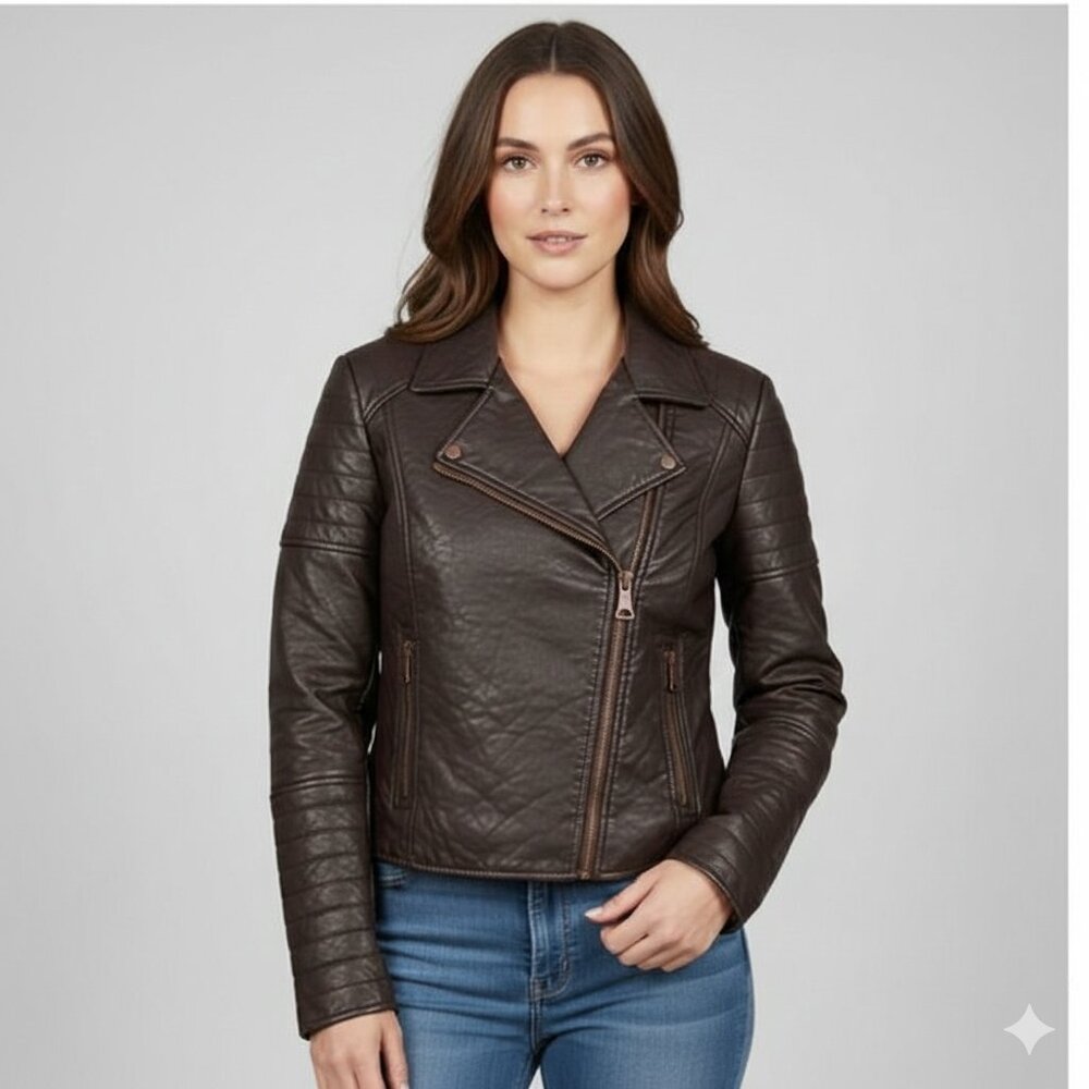 MARC NEW YORK Asymmetrical Zip Faux Leather Moto Jacket Deep Burgundy Women L